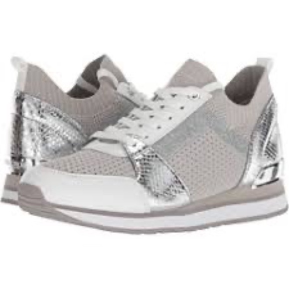 Michael Kors Billie Knit Trainers Fabric Leather White & Silver Metallic Size 7 - Picture 2 of 14